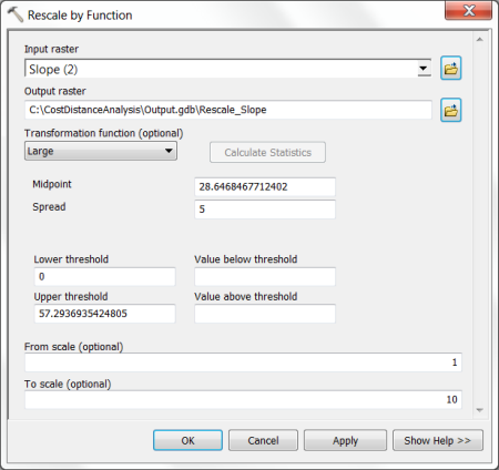 Rescale by Function tool dialog box with parameters specified