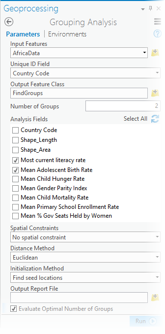 Grouping Analysis tool parameters
