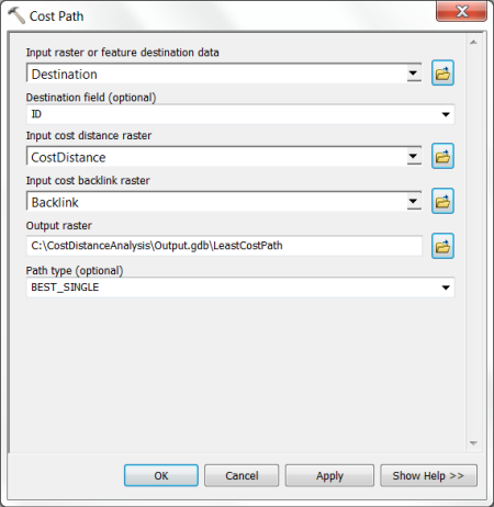 Cost Path tool dialog box with input parameters specified