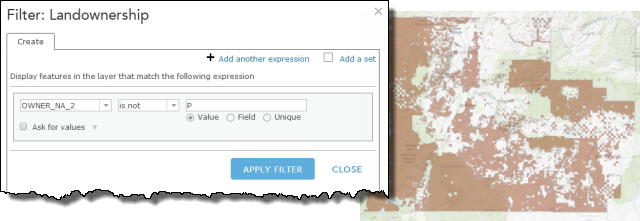 Filter the landownership layer to select publically owned land