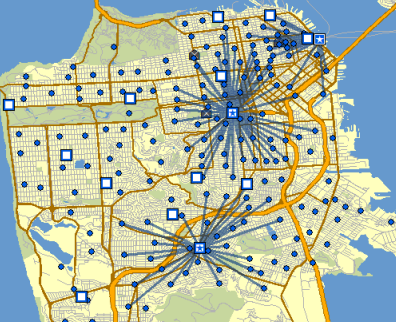 Lines connect solution facilities and demand points