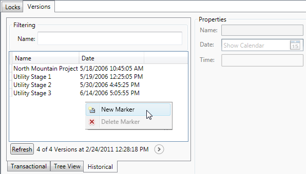 Creating a historical marker from the Historical subtab of the Versions tab on the Geodatabase Administration dialog box