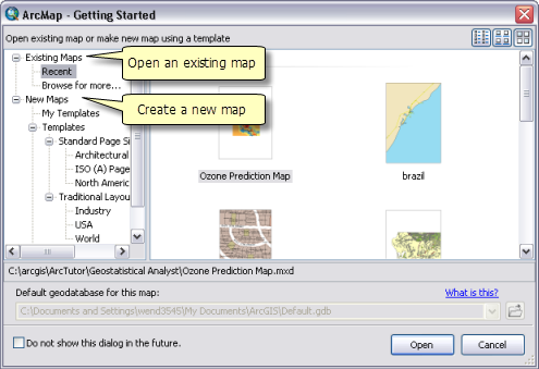 Opening a map in the Getting Started dialog box