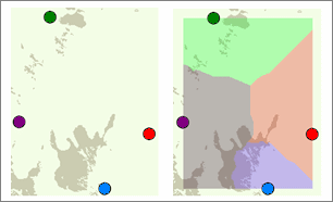 Cost allocation takes travel cost into account when measuring distance; one land-cover type is more costly to traverse than the other.