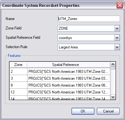 The Coordinate System Recordset Properties dialog box