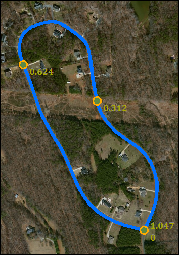 A loop route with the direction of calibration opposite the direction of digitization of the route, resulting in four calibration points on the route.