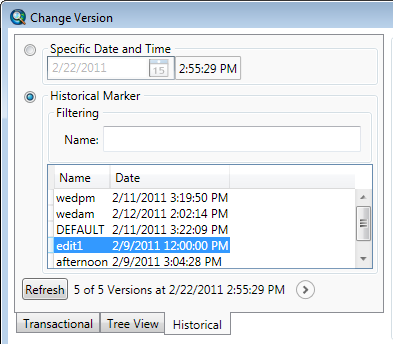 Historical tab of the Change Version dialog box