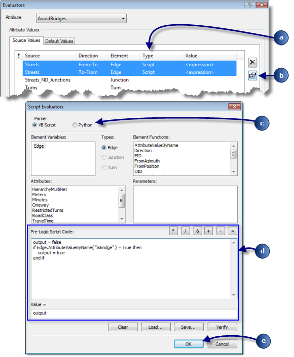 Ejemplo de evaluador de secuencia de comandos utilizado en un atributo de restricción para restringir los puentes