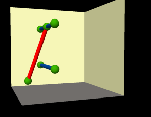 Líneas conectadas y desconectadas en un espacio tridimensional (vista lateral).