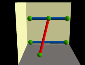Líneas conectadas y desconectadas en un espacio tridimensional (vista delantera).