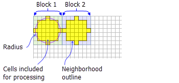 El sombreado amarillo indica las celdas que se incluirán en el los cálculos para cada vecindad de bloques en círculo
