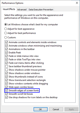 El cuadro de diálogo Opciones de rendimiento de Windows, donde las propiedades del suavizado de fuentes se pueden cambiar