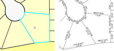 Utilisation de la commande Surface COGO pour déterminer si la géométrie sélectionnée (à gauche) correspond à l'étude légale (à droite)
