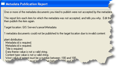 Si un service de métadonnées ArcIMS nécessite une validation, le document n'est pas publié s'il manque des informations obligatoires.