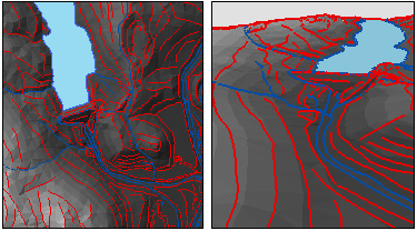 Vues planimétriques et perspective d'une surface TIN avec les lignes de fracture et le polygone de remplissage
