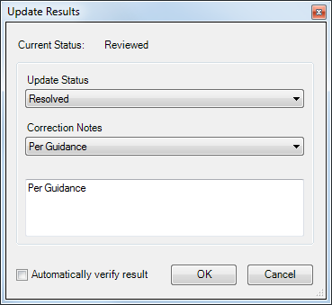 Update Results dialog box for correction