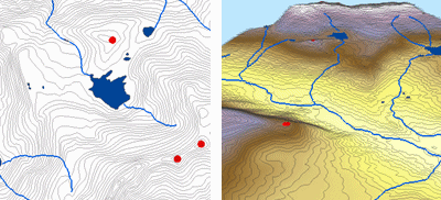 地形要素と結果の [トポ → ラスター (Topo to Raster)] サーフェス モデル