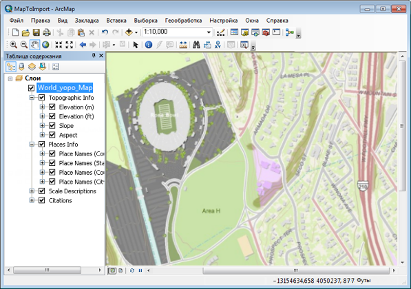 Пользовательский интерфейс ArcMap с Таблицей содержания и картой