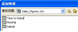 ArcMap“添加数据”对话框中的 Sales_Figures 工作簿内的 Excel 工作表