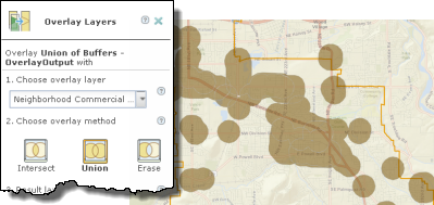 The overlay output layer with the buffer layer for the planned commercial districts combined The overlay output layer with the buffer layer for the planned commercial districts combined