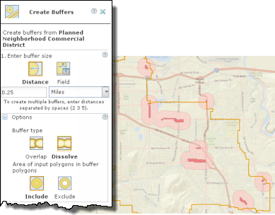 Buffer a quarter-mile buffer around the commercial districts Buffer a quarter-mile buffer around the commercial districts