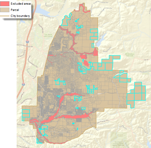 Map showing locations of 10 parcels being removed for the analysis