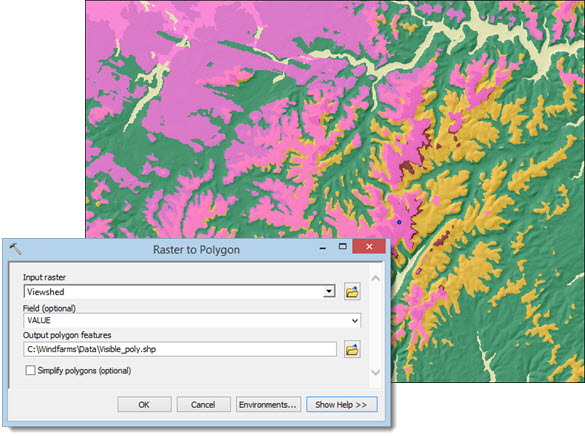 The Viewshed polygons displayed with the Elevation raster