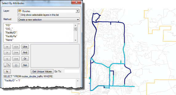 Select By Attributes dialog with parameters to select FacilityRank equal to 2