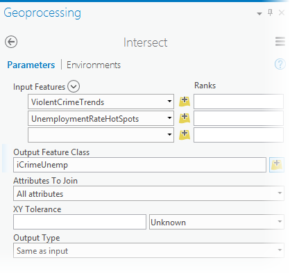 Intersect tool parameters