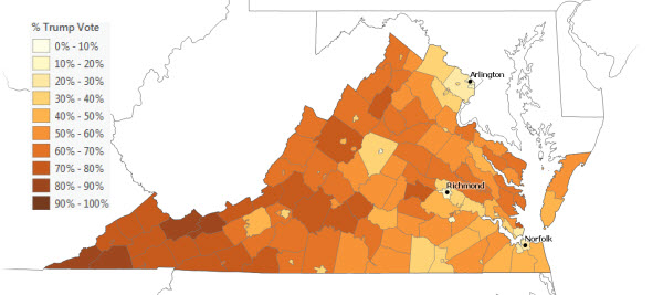 Percent Trump vote in Virginia