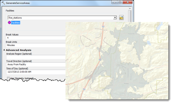 Setting the parameters to find areas within four minutes of a fire station on a Tuesday