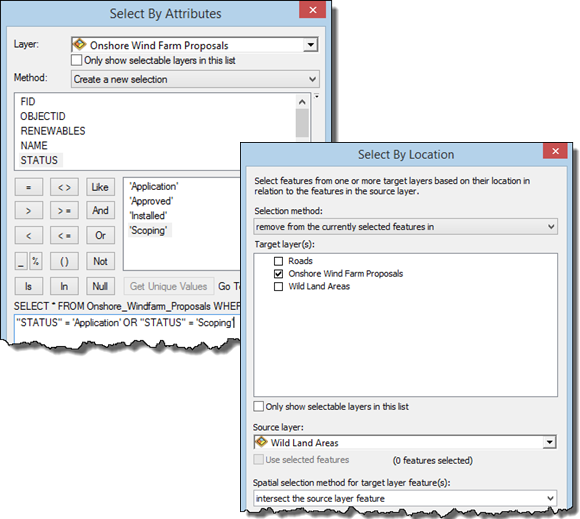 The Select By Attributes and Select By Location dialog boxes