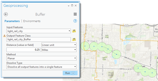 Quarter-mile buffers around the light rail stops