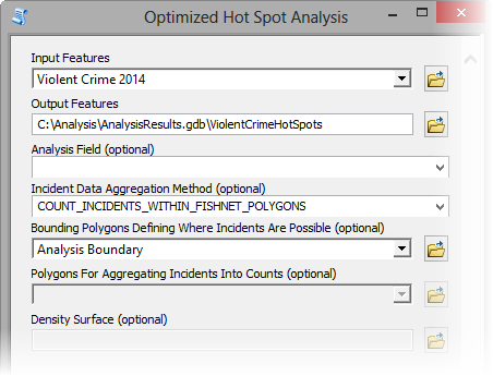 Optimized Hot Spot Analysis tool parameters for Violent Crime 2014