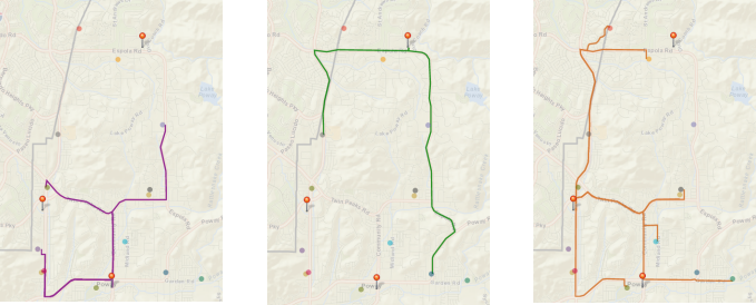 The route lines on three maps