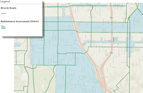 Close-up view showing locations of bicycle routes with the maintenance assessment districts