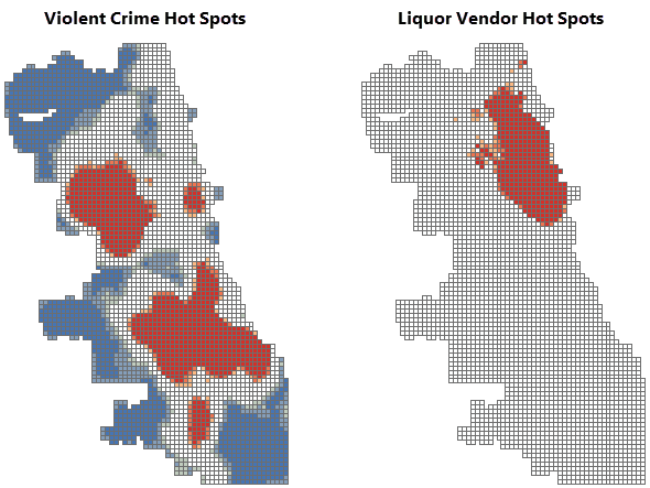 Compare the violent crime and liquor vendor hot spot maps