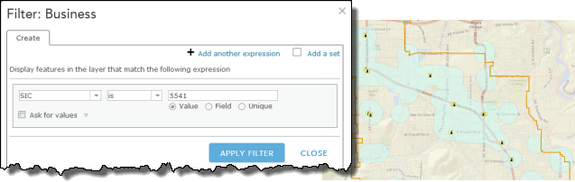 Filter the businesses layer to select gas stations