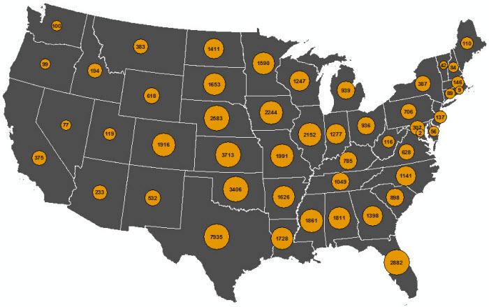 Map showing the number of tornadoes by state, 1950–2011