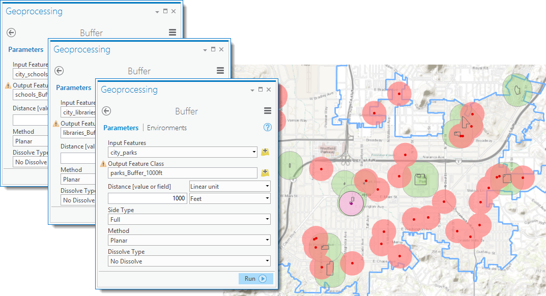 Buffer tool with required parameters for schools, libraries and parks