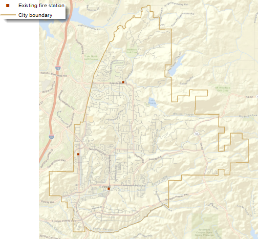 Map showing the locations of the three existing fire stations