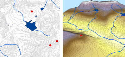 Terrain-Elemente und resultierendes Topo-zu-Raster-Oberflächenmodell