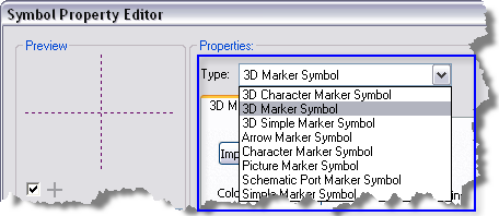 Dropdown-Liste mit Symboltypen im Dialogfeld 'Symboleigenschaften-Editor'.