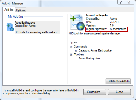 Add-In-Manager mit digital signiertem Add-In