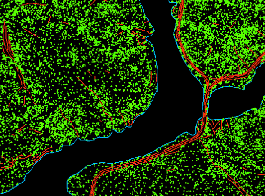 Grüne Punkte stellen den Inhalt einer Multipoint-Feature-Class von LIDAR-Beobachtungen dar.