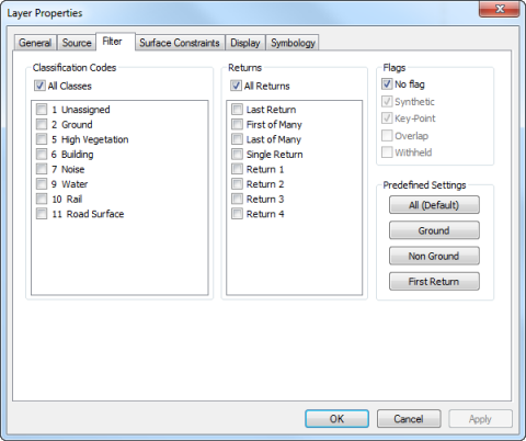 Dialogfeld "Layer-Eigenschaften für LAS-Datasets – Registerkarte "Filter"