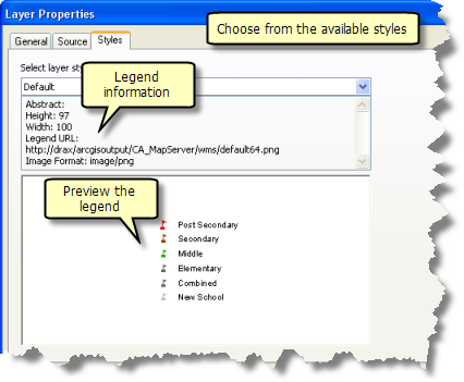 Registerkarte "Styles" im Dialogfeld "Layer-Eigenschaften" des WMS-Service