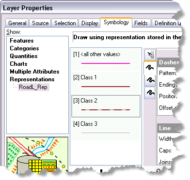 Die Registerkarte "Symbologie" im Dialogfeld "Layer-Eigenschaften" zeigt eine Repräsentationenüberschrift an, wenn Repräsentationen für die Quell-Feature-Class vorhanden sind.