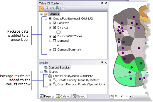 Layer und Tasks, die aus einem Geoverarbeitungspaket zu ArcMap hinzugefügt werden