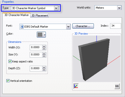 Symboleigenschaften für den Typ '3D Zeichen-Marker-Symbol'